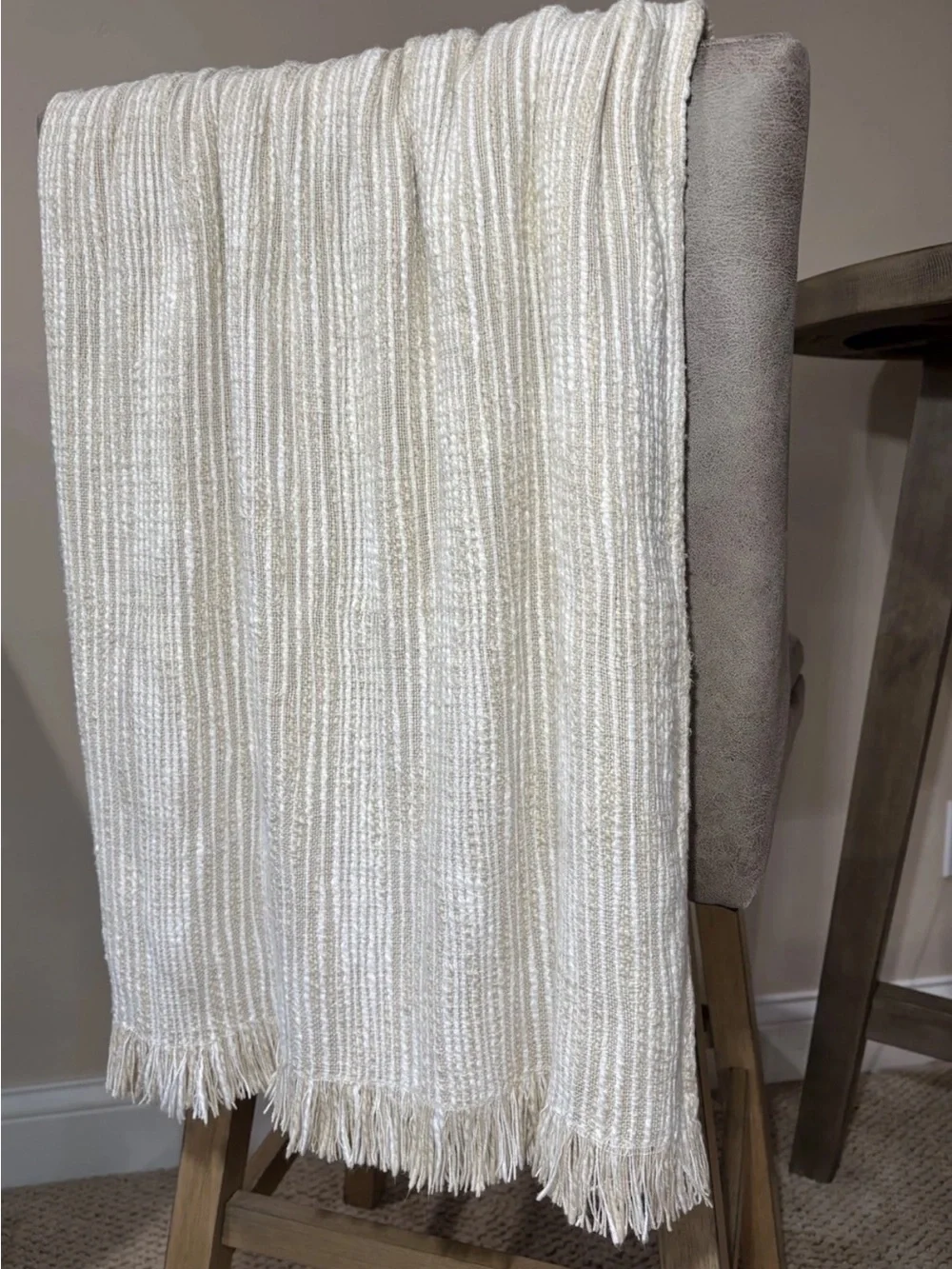 Crate & Barrel Fringe Throw Blanket Natural Striped Cotton 40” X 70” “Korman”